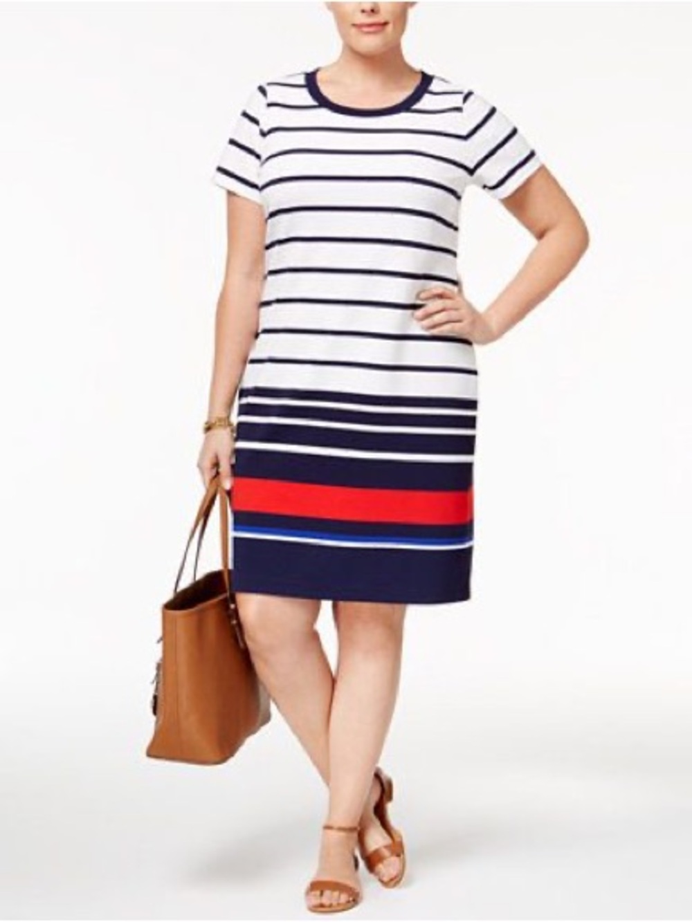 Talbots Navy, White and Red Striped Short Sleeve Shift Dress